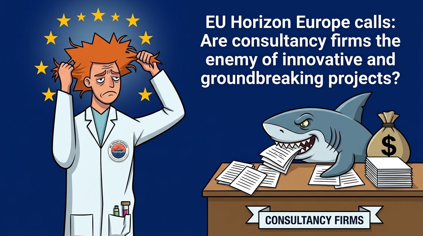 Cartoon illustration of a stressed scientist tearing his hair out over a desk full of paperwork, with a shark labelled "consultancy firms" and dollar-sign eyes emerging from the pile, against an EU-blue starred background, captioned: EU Horizon Europe calls: are consultancy firms the enemy of innovative and groundbreaking projects?